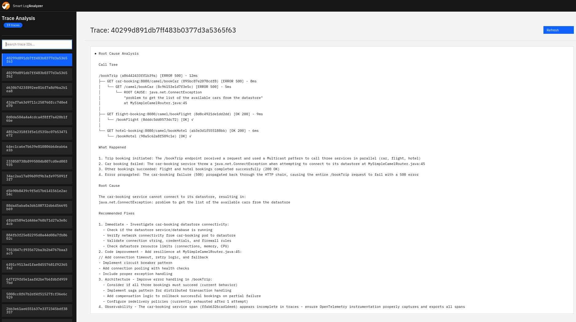 UI Console showing LLM analysis results